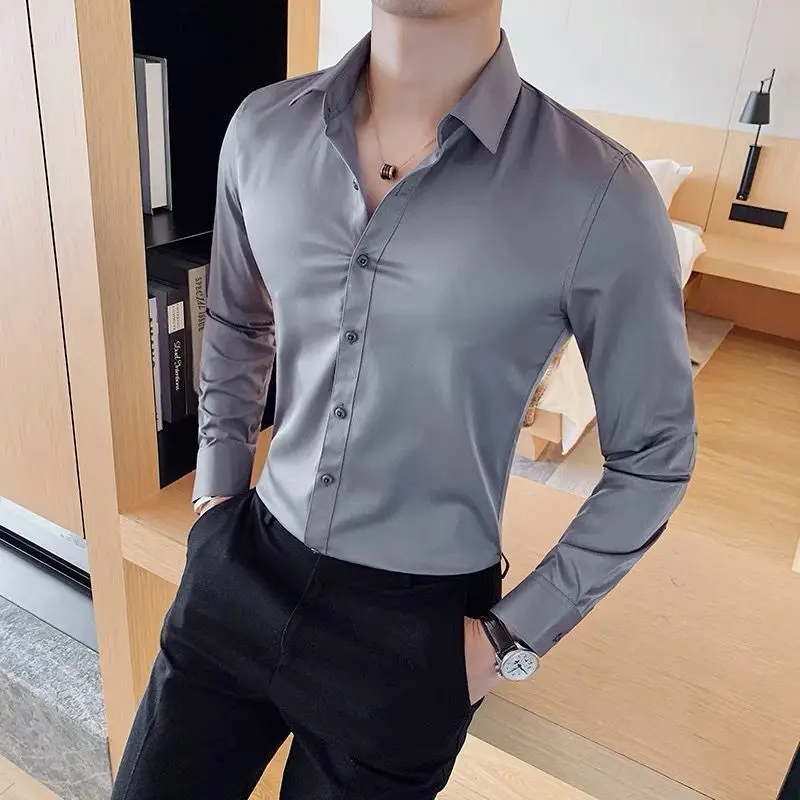 Top Trends: Spring New Solid Color Long Sleeve Men&#039;s Shirt Korean Version Slim Fit Chic Fashion Blouses Polo Neck Male Clothes Business Suit Shoppable Styles