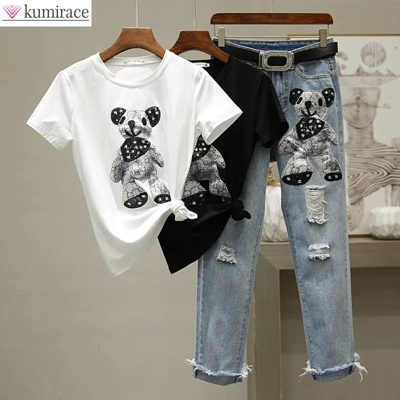 Top Trends: Summer New Elegant Women's Pants Set Fashion Cartoon Printed Short Sleeved T-shirt Pierced Jeans Two-piece Casual Trousers Shoppable Styles