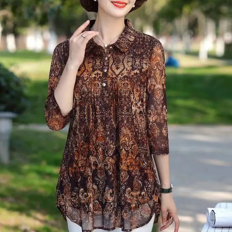 Top Trends: Women's Clothing Vintage Printed Blouse Folk Turn-down Collar Chic Button 2023 Spring Summer Casual 3 / 4 Sleeve Loose Midi Shirt Shoppable Styles