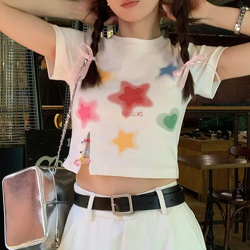 Top Trends: Japanese Kawaii T-shirt Y2k Aesthetic Star Print Short Sleeve Tshirt E-girl 2000s Crop Top Slim Harajuku Split Fairy Chic Tees Shoppable Styles