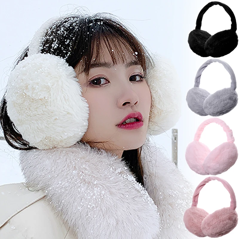 Top Trends: Women Winter Warm Earmuffs Fluffy Fold Burger Shape Headphone Ear Cover Soft Cashmere Boy Girl Solid Fake Fur Earflap Unisex Shoppable Styles