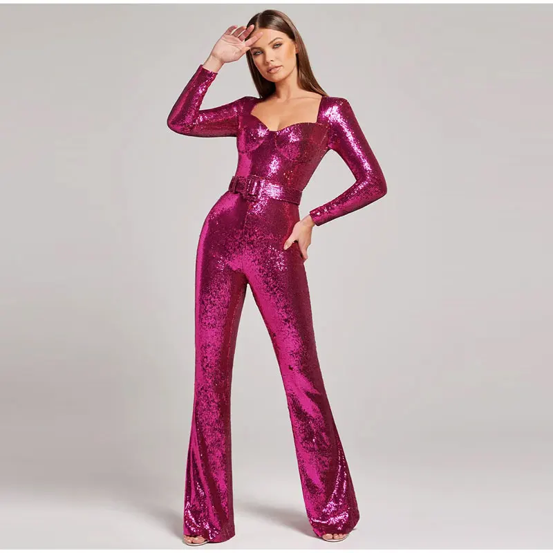 Top Trends: Sexy Sequins Women's Jumpsuit 2023 Autumn Winter Glitter Slim Long Sleeve Female Bodysuit Party Club Flare Pants Ladies Rompers Shoppable Styles