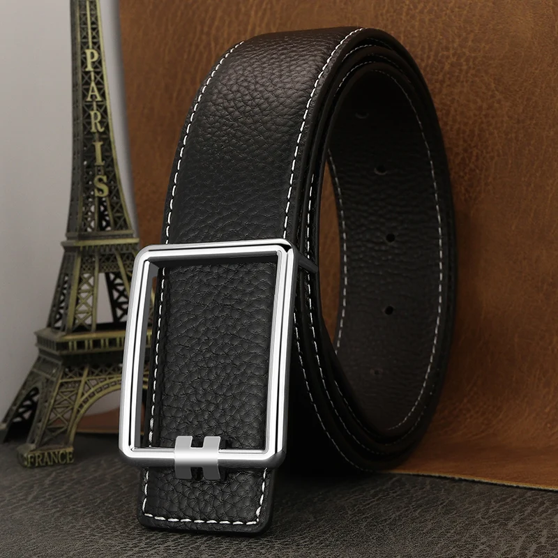 Top Trends: High Quality Designer Square Slide Buckle Belts Men Full Grain Leather Fashion Luxury Famous Brand Brown Young Men Ceinture Homm Shoppable Styles - Image 3