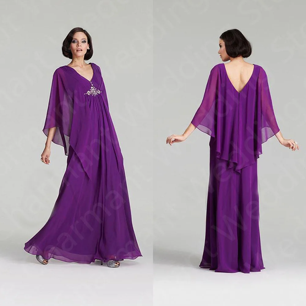 Top Trends: Graceful Purple Mother Of The Bride Dresses 2023 On Sale Simple Prom Gowns Chiffon 3 / 4 Sleeves Madre Vestidos V Neck Back Out Shoppable Styles