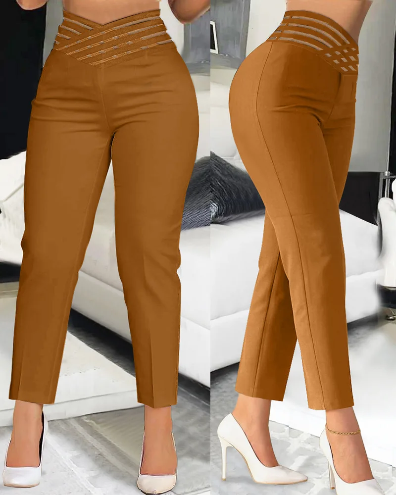 Top Trends: Summer Pants For Women Loose Fashion Overlap Waist Hollow Out Work Pants Spliced Solid Color Thin Feet Capris Office Lady Shoppable Styles