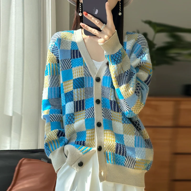 Top Trends: Wool Cardigan Women&#039;s Knit Sweater V-neck Mosaic Loose Plus Size Cashmere Sweater Coat Can Be Worn In Spring Autumn And Winter Shoppable Styles