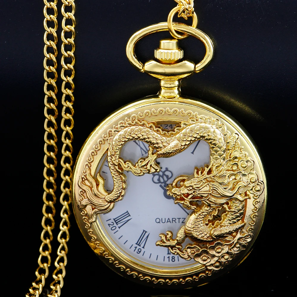 Top Trends: NEW Luxury Gold Chinese Flying Dragon Hollow Quartz Pocket Watch Men's Necklace Pendant Clock Women's Jewelry Accessories Gift Shoppable Styles