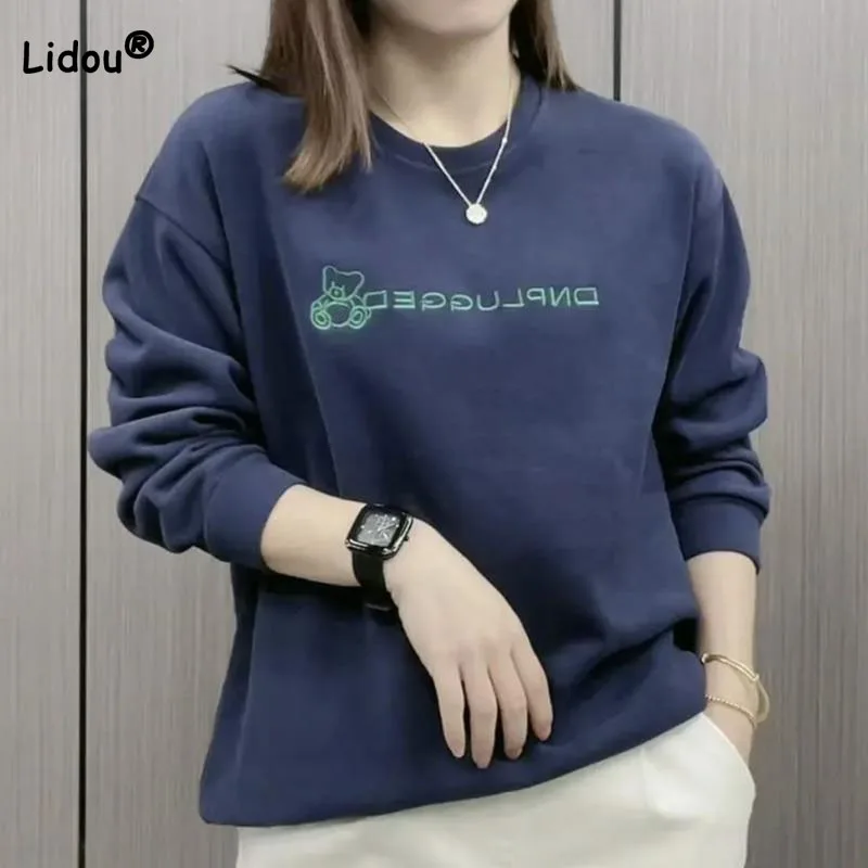 Top Trends: Women&#039;s Clothing Fashion All-match Embroidery Sweatshirts Autumn New Korean Casual Solid Color Loose Pullovers Tops For Female Shoppable Styles