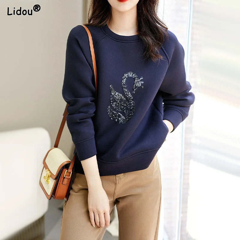 Top Trends: Pullovers Loose Solid Patchwork Embroidery Round Neck Fashion Casual Temperament T-Shirts Autumn Winter Thin Women's Clothing Shoppable Styles