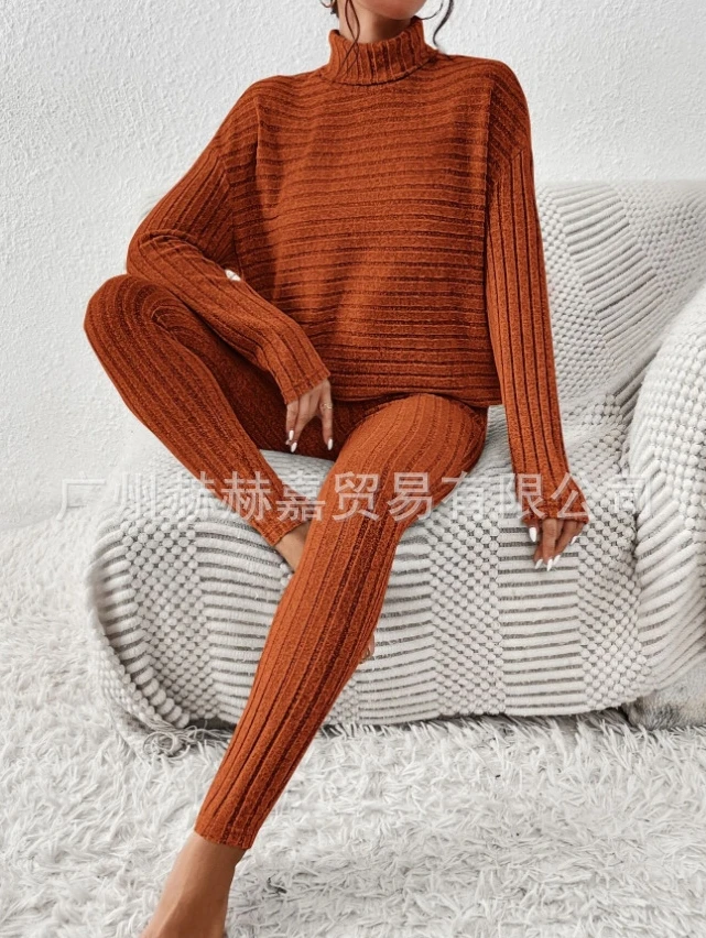 Top Trends: Two Piece Set Women Outfit 2023 Winter New Fashion Casual Solid High Neck Knitted Stripe Long Sleeve Pants Set Female Clothing Shoppable Styles