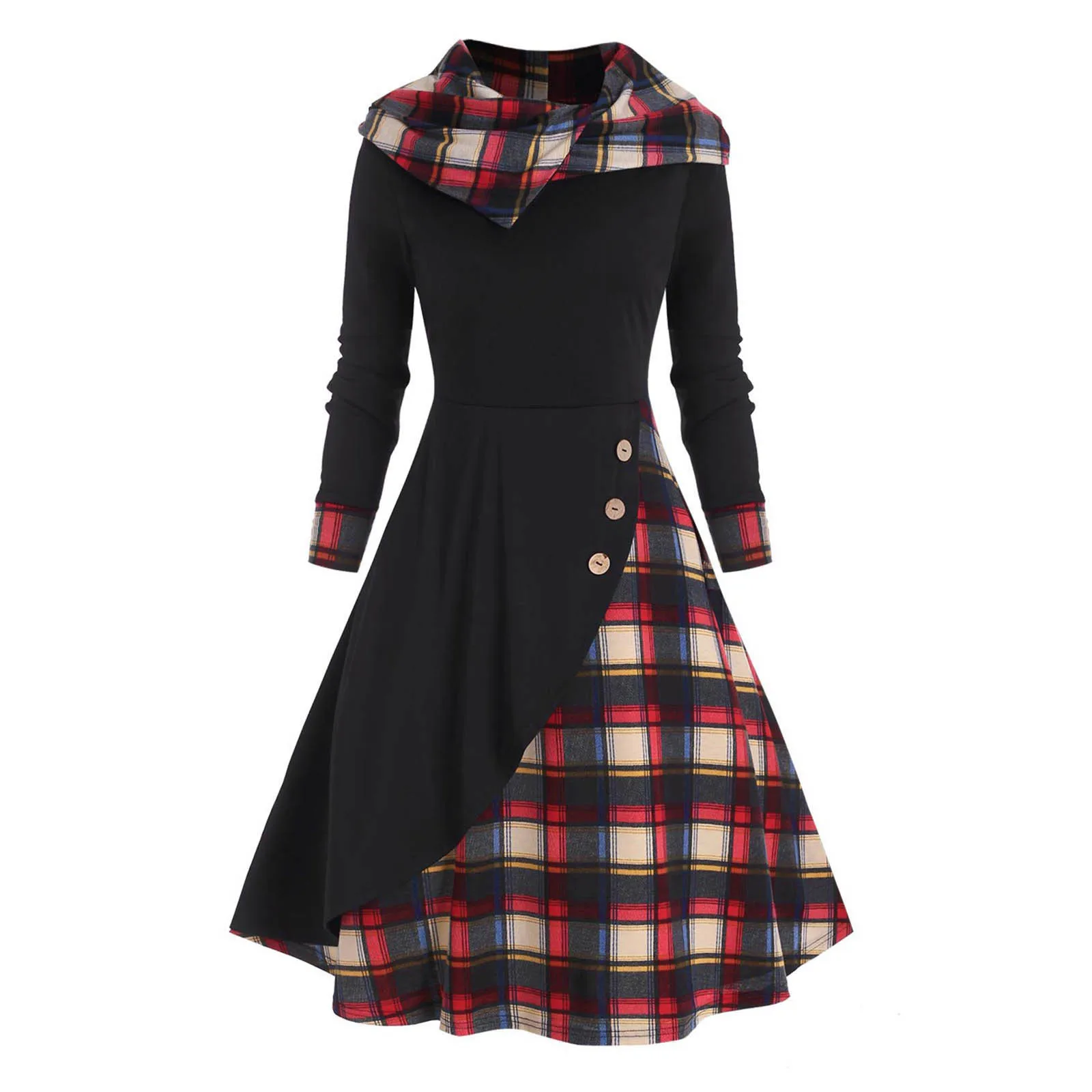 Top Trends: Vintage Commute Button Plaid Patchwork Hooded Dress Women's Clothing Autumn Fashion Long Sleeve Casual High Waist Midi Dresses Shoppable Styles