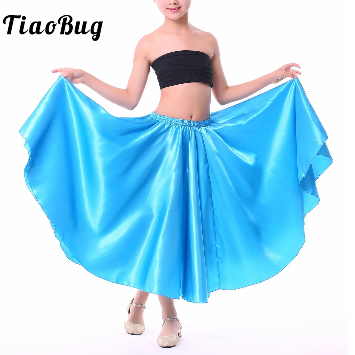 Top Trends: Kids Gypsy Girls Spanish Flamengo Skirt Satin Silk Shiny Big Swing Belly Dance Skirt Dress Flamenco Performance Dance Costume Shoppable Styles