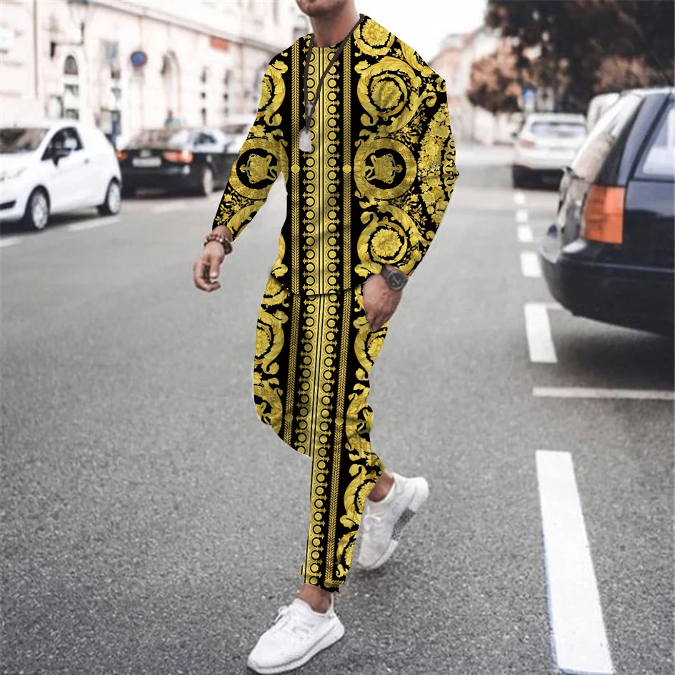 Top Trends: 2022 Men's Gold Luxury Retro Long Sleeve T-Shirt Suit Trend Hip Hop Skull 3D Print Sports Suit Shirt Trousers 2 Piece Oversized Shoppable Styles