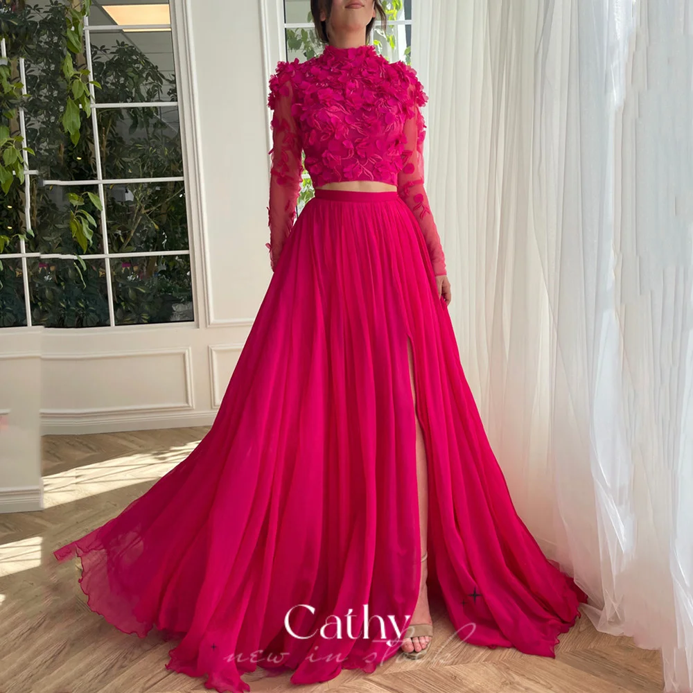 Top Trends: Cathy Hot Pink Prom Dress Two Piece Set Evening Dress Long Sleeve فساتين مناسبة رسمية Flower A-line Prom Gown 2023 Shoppable Styles