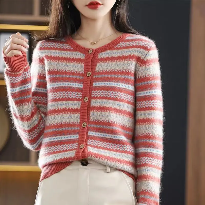 Top Trends: Autumn Winter Striped Panelled Wool Sweaters Long Sleeve O-Neck Button Cardigans Warm Loose Fashion Casual Women Knitted Coats Shoppable Styles