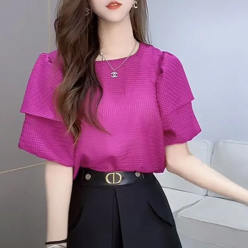 Top Trends: Stylish Solid Color Spliced Folds Puff Sleeve Blouse Women's Clothing 2023 Spring New Casual Pullovers Loose Office Lady Shirt Shoppable Styles - Image 5