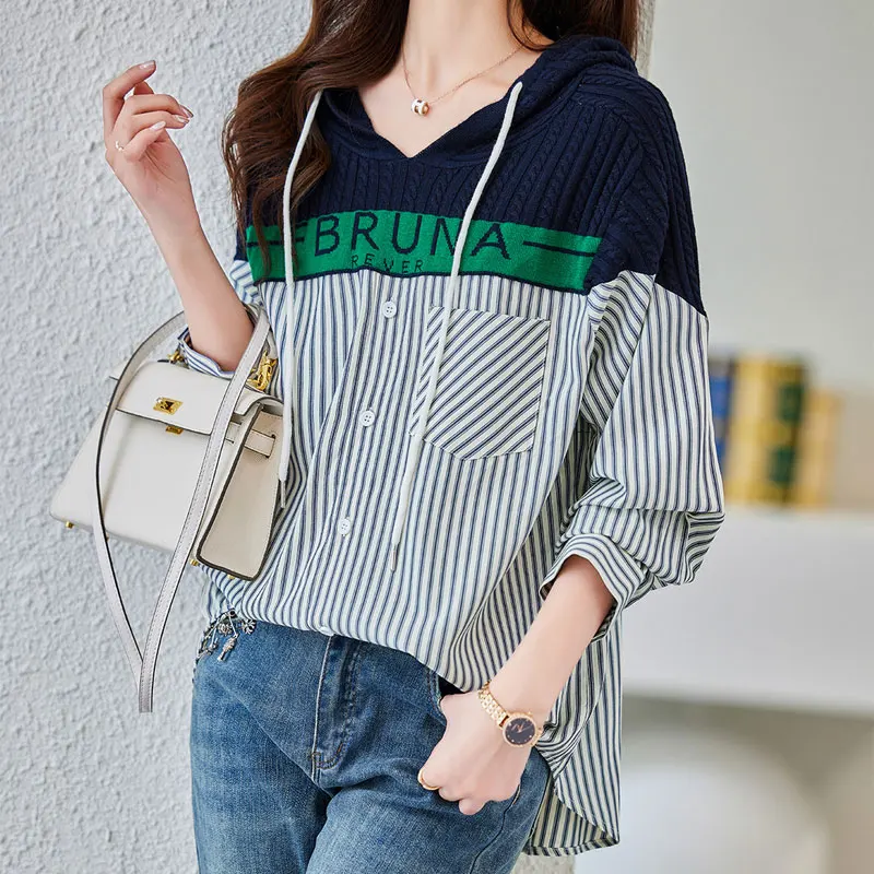 Top Trends: Korean Loose Hooded Striped Blouse Women's Clothing Letter Knitted Patchwork 2023 Spring Autumn Casual Drawstring Pockets Shirt Shoppable Styles - Image 2