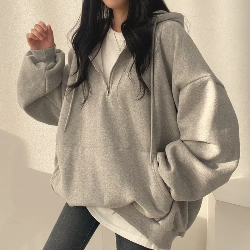 Top Trends: Women Hoodie Harajuku Loose Oversized Solid Color Top Half Zip Up Sweatshirt Female Casual Long Sleeve Pocket Hooded Coats 2024 Shoppable Styles