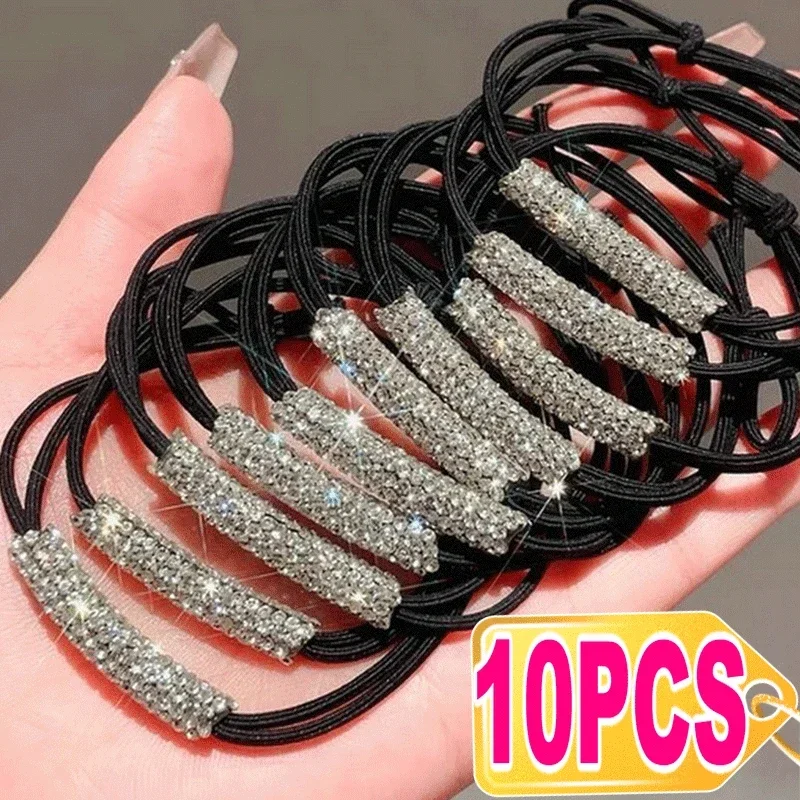 Top Trends: 1-10PCS Women Diamonds Black Shiny Rhinestone Seamless Rubber Band Elastic Hair Rope 2023 New Fashion Hot Sale Hair Accessories Shoppable Styles