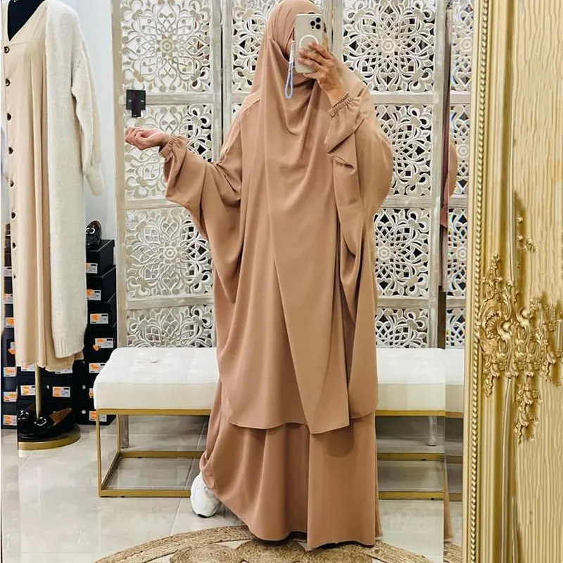 Top Trends: Jilbab 2 Piece Set Muslim Women Hijab Dress Prayer Garment Abaya Long Khimar Ramadan Arab Gown Abayas Sets Islamic Clothes Robe Shoppable Styles