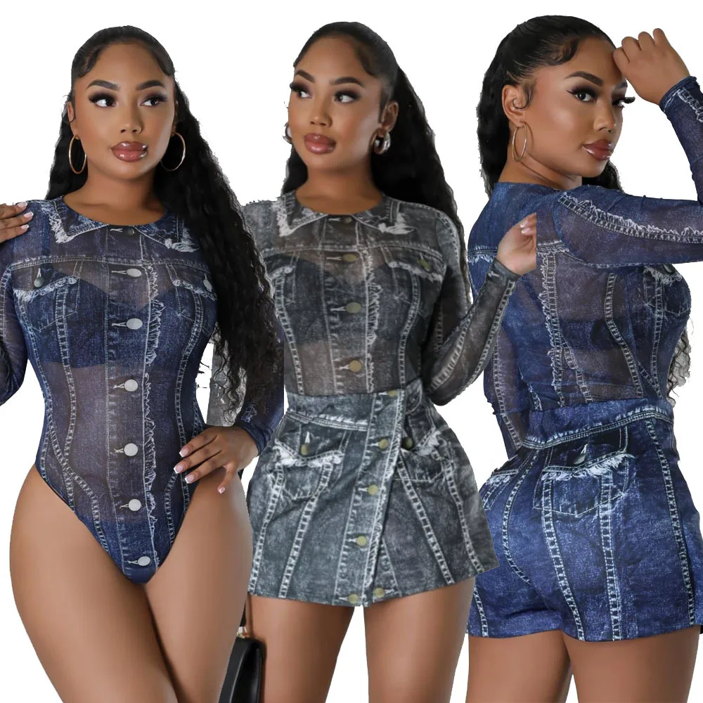 Top Trends: Women Sexy Denim Print Two Piece Set See Through Mesh Long Sleeve Bodysuits Tops And Culottes Stylish Casual Streetwear Suits Shoppable Styles