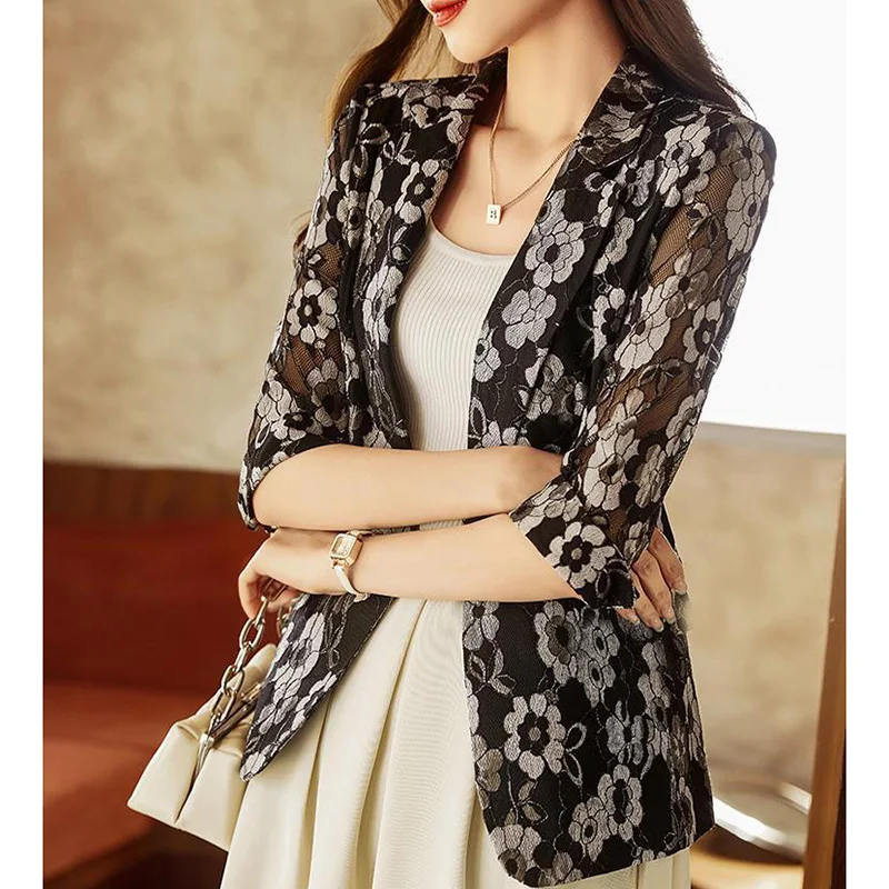 Top Trends: Elegant Lapel Button Spliced Loose Printed Lace Blazer Women Clothing 2023 Autumn New Casual Tops All-match Office Lady Blazers Shoppable Styles