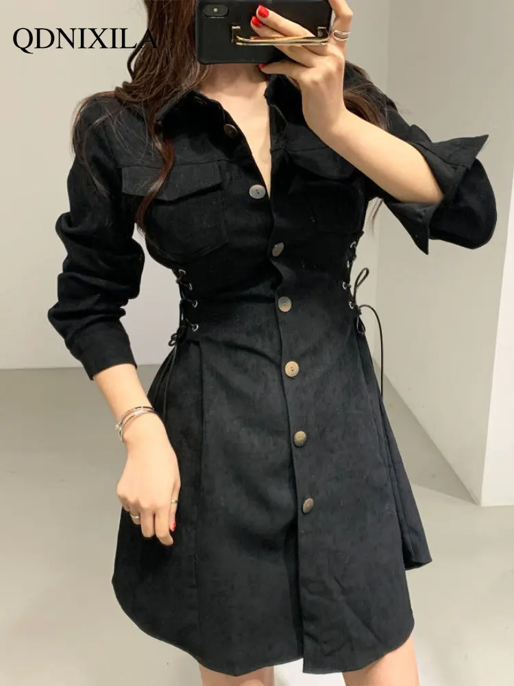 Top Trends: Dresses For Women 2023 Early Spring Vintage Lace-up Waist Single-breasted Shirt Tie-up Dress Woman Short Dresses Women Clothing Shoppable Styles