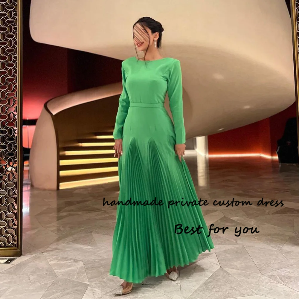 Top Trends: Green Mermaid Saudi Arabic Evening Dresses Pleats Satin Long Sleeve Dubai Formal Dress Backless Elegant Women Prom Party Gowns Shoppable Styles