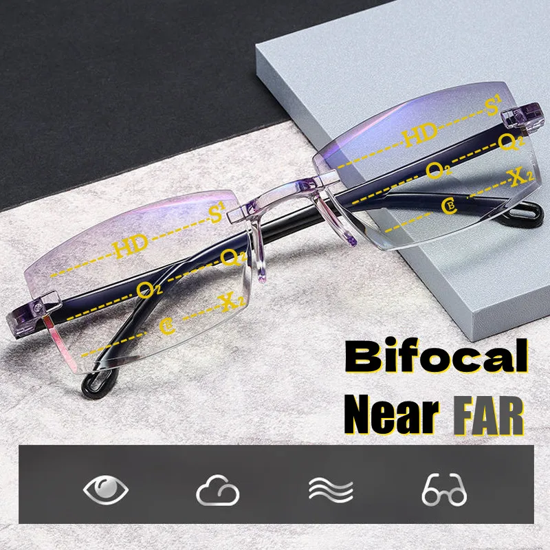 Top Trends: Bifocal Progressive Reading Glasses Men Women Anti Blue Light UV Protecivet Eyesglasses Near And Far Diamond Cut Rimless Eyewear Shoppable Styles