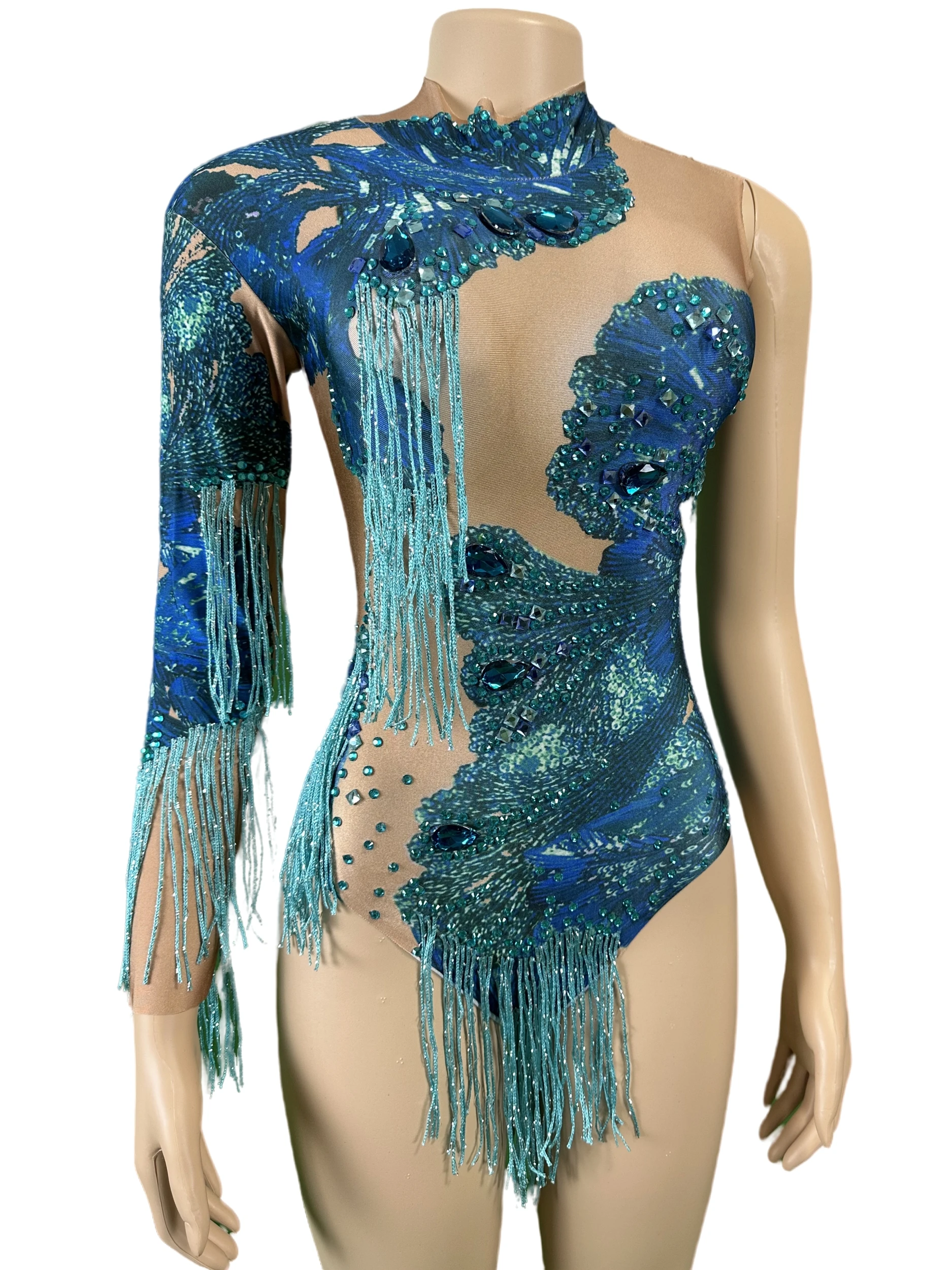 Top Trends: Sparkly Rhinestone Women Bodysuits Blue Single Shoulder Tassel Leotard Party Costume Nightclub Valentine Day Drag Queen Outfit Shoppable Styles