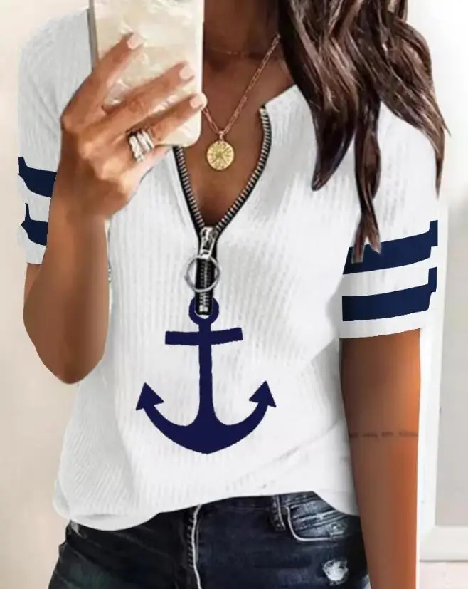 Top Trends: Top Women 2023 Summer Fashion Anchor Print Zipper Front Casual V-Neck Short Sleeve Daily T-Shirt Top Y2K Clothes Shoppable Styles