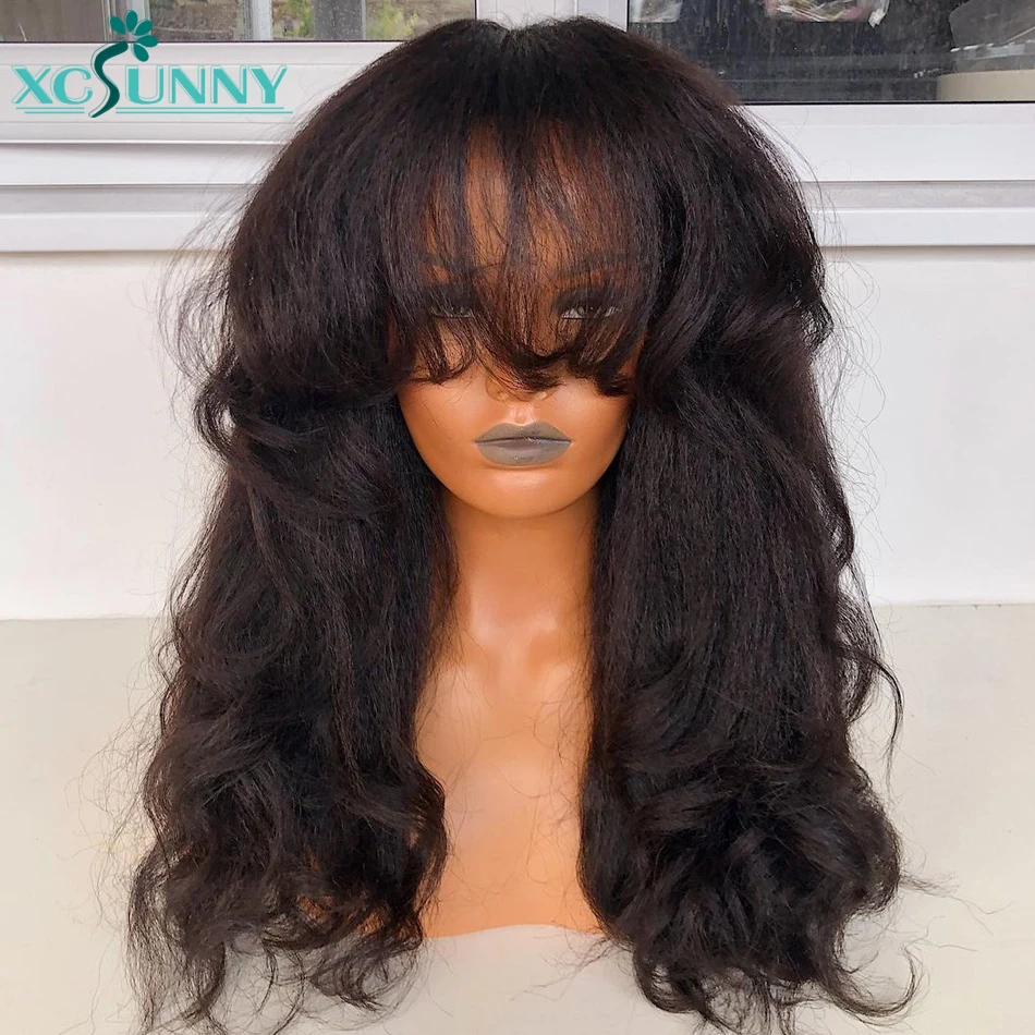 Top Trends: Bang Wig Human Hair Brazilian Machine Made Scalp Top Wig Wavy Yaki Human Hair Wig With Bangs Chocolate Brown Wigs For Women Shoppable Styles