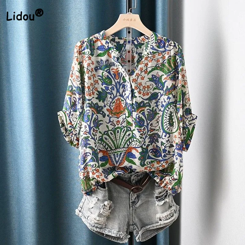 Top Trends: Vintage Temperament Lady Short Sleeve Printing Shirt Summer Fashion Elegant Loose Button Spliced V-Neck Blouse Women&#039;s Clothing Shoppable Styles