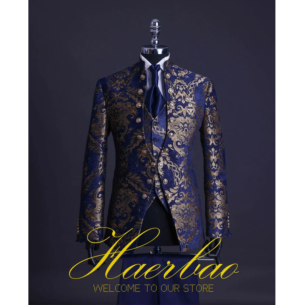 Top Trends: Men Suit Set Stand Collar Mens Wedding Suits Formal Groom Tuxedo Costume Handsome Blue Gold Floral Rim Stage Shoppable Styles