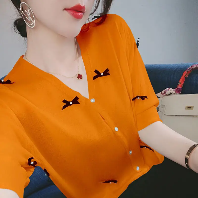 Top Trends: Fashion V-Neck Button Loose Bow Beading Shirt Women's Clothing 2023 Summer New Oversized Casual Tops All-match Commute Blouse Shoppable Styles