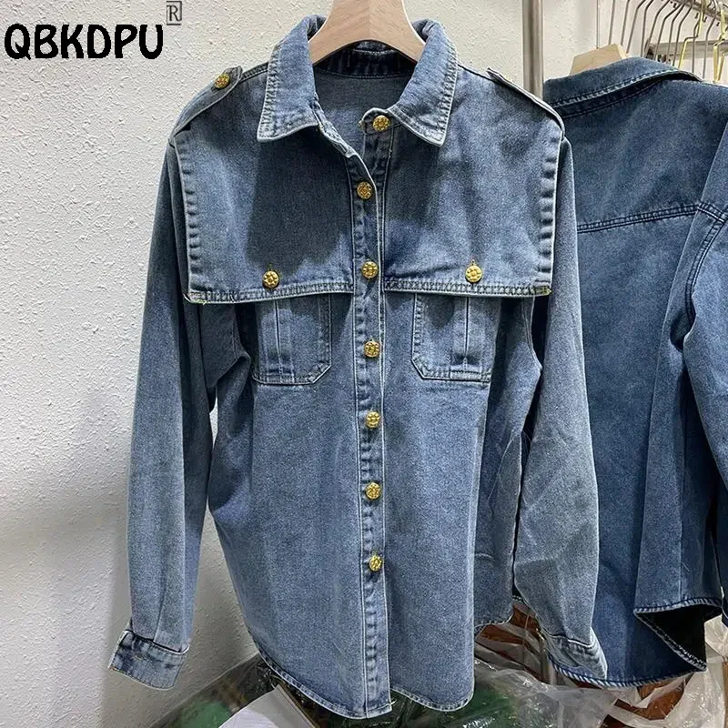 Top Trends: Luxury Button Design Jean Blouse Women Fashion Denim Shirts Streetwear Blue Cowboy Blusas 2023 New Spring Fall Single-breas Tops Shoppable Styles