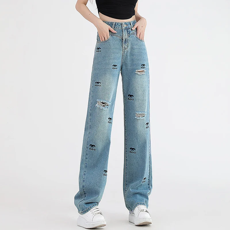 Top Trends: Retro Blue Perforated Straight Barrel Jeans Women&#039;s High Waist New Embroidered Narrow Wide Leg Floor Dragging Jeans Pants Shoppable Styles