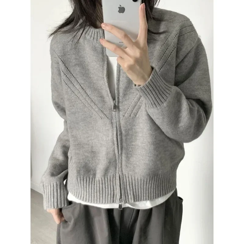 Top Trends: Deeptown Gray Zipper Cardigan Women Vintage Autumn Fashion New Knit Short Sweater Korean Style Casual Jumper Aesthetic Harajuku Shoppable Styles