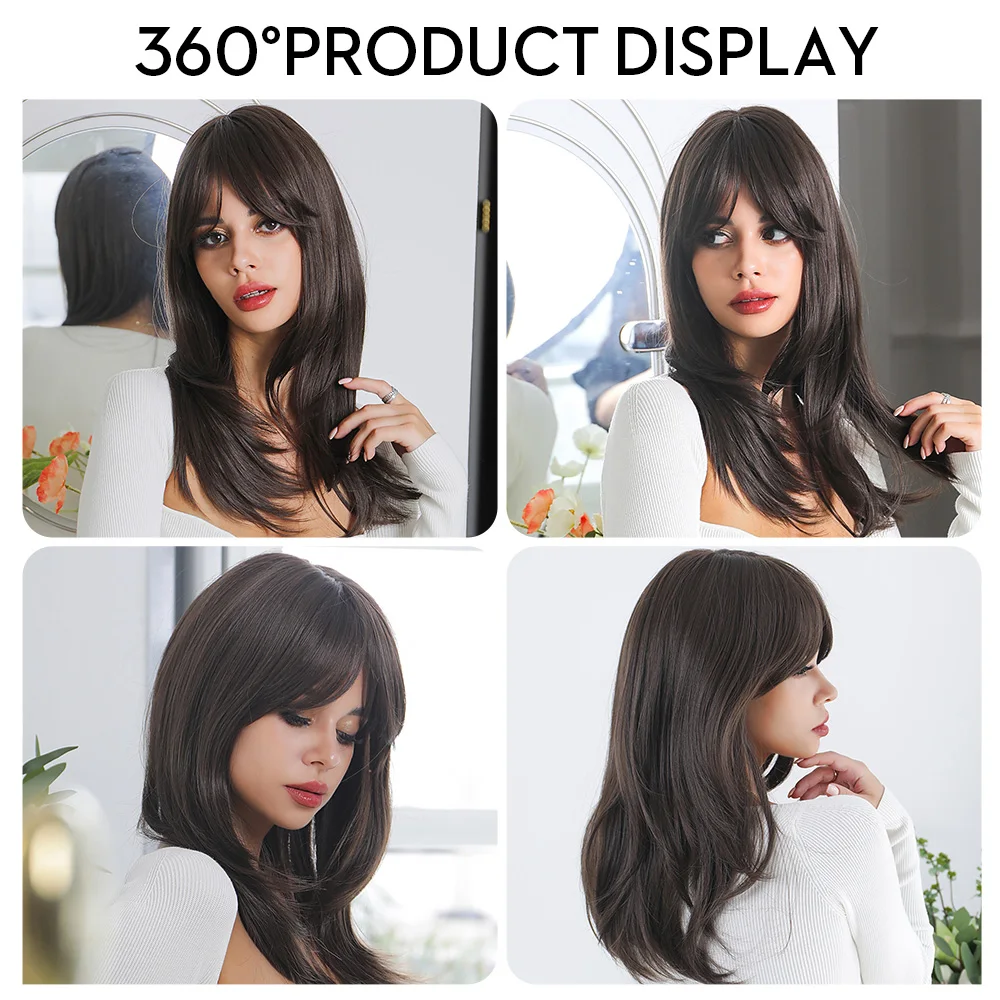 Top Trends: Black Brown Wig With Side Bangs Medium Length Synthetic Wigs Natural Layered Hair For Women Party Cosplay Heat Resistant Fibre Shoppable Styles - Image 6