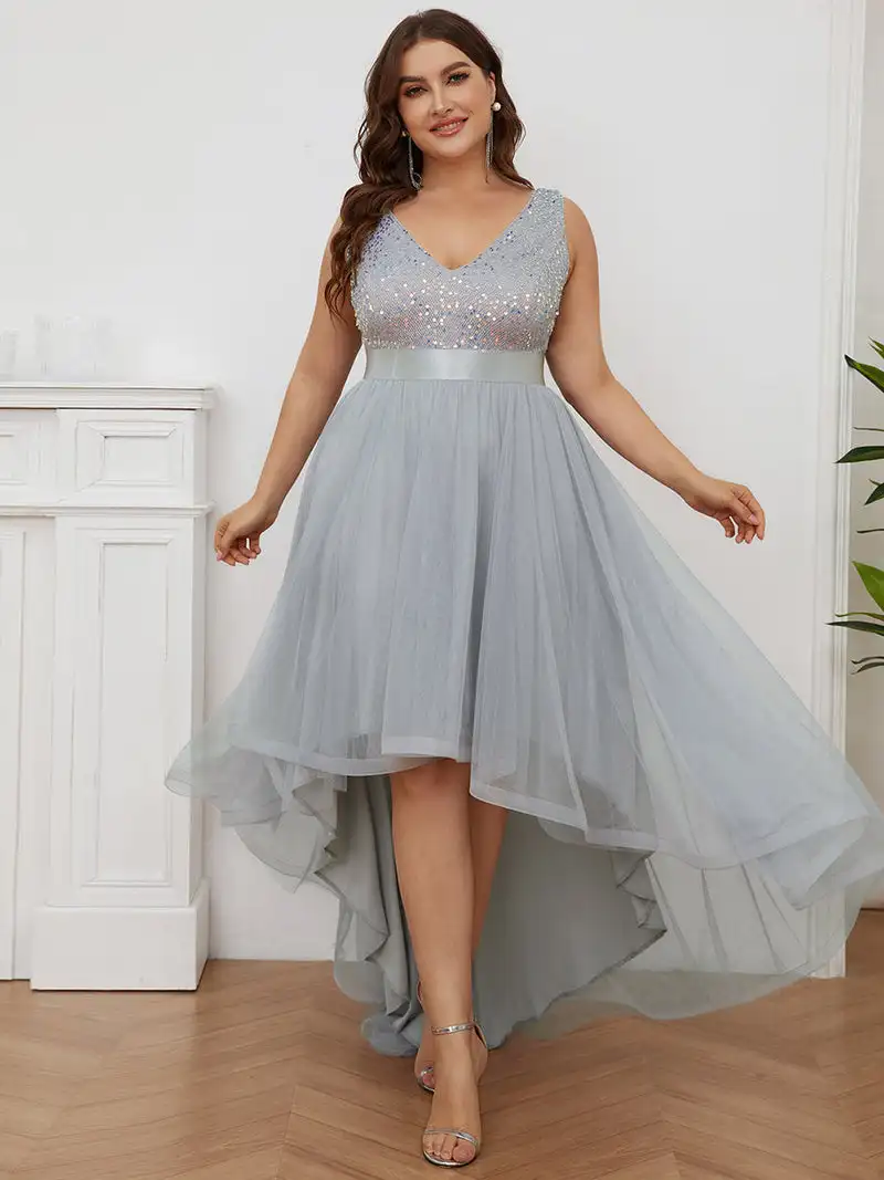 Top Trends: Plus Size Elegant Women's Dresses Long V-Neck Short Front Long Back Sleeveless Gown 2024 BAZIIINGAAA Of Silver Prom Women Dress Shoppable Styles