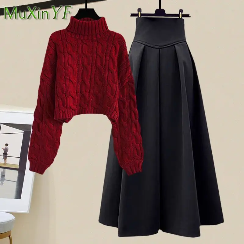 Top Trends: Women&#039;s Autumn Winter New Fashion High Neck Knitted Sweater Suit Korean Elegant Long Sleeve Pullover+ High Waist Dress Two Piece Shoppable Styles