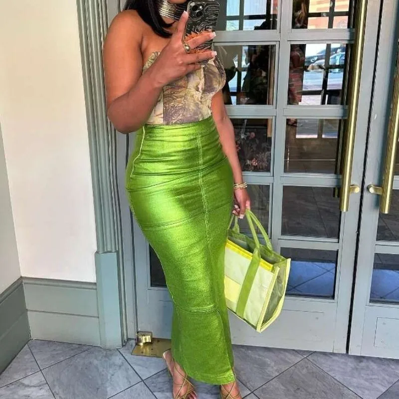 Top Trends: Metallic Green Skirt Y2k Women High Waist Back Slit Maxi Shiny A-line Skirts Zipper Up Summer Streetwear Party Clubwear Shoppable Styles