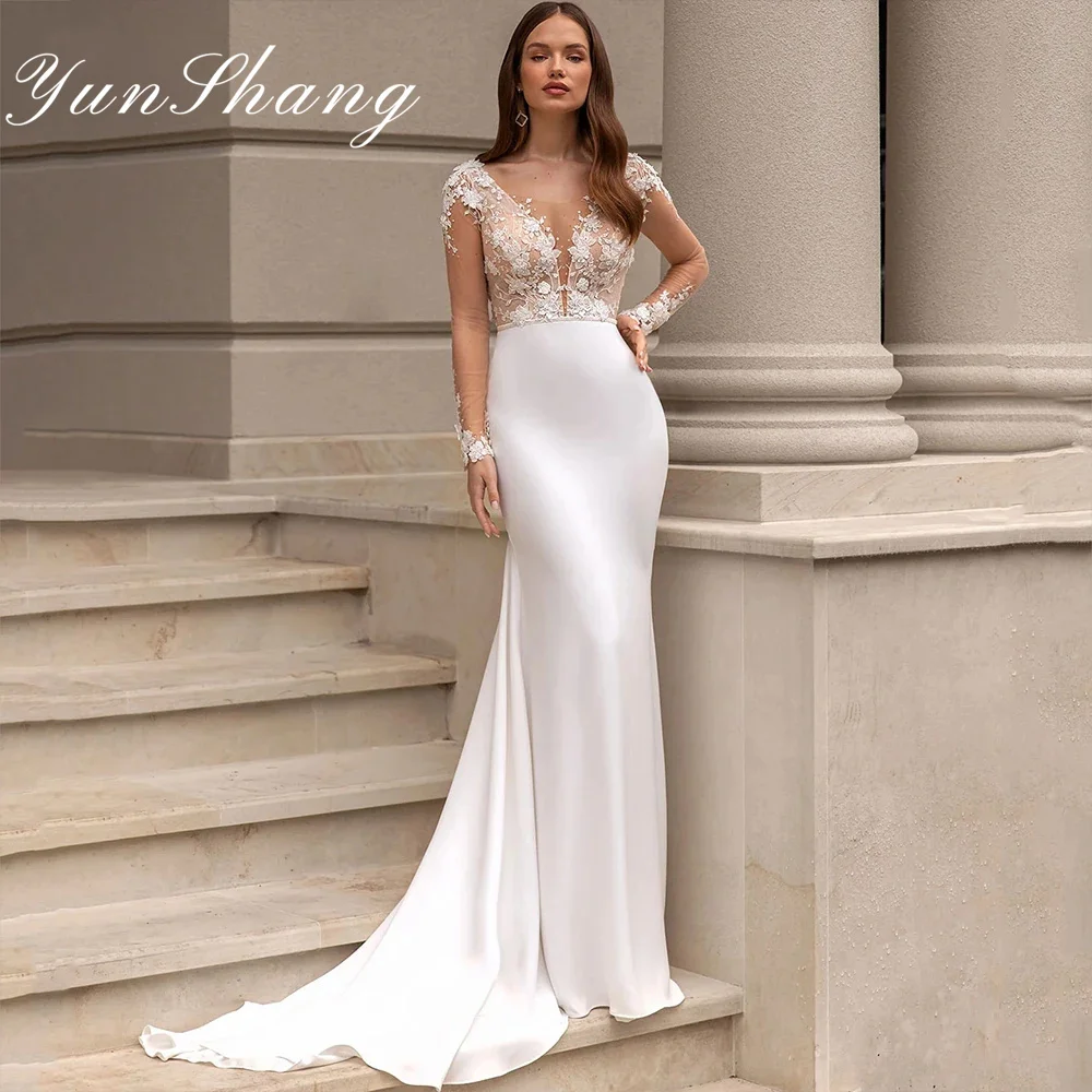 Top Trends: Yunshang Elegant Mermaid Wedding Dresses Lace V-Neck Long Sleeve Button Back Beading Bridal Gown Sweep Train Vestidos De Novia Shoppable Styles