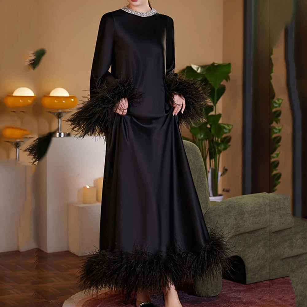 Top Trends: Temperament Prom Gown Straight Long Sleeve Feather Formal Party Dress Solid Color Ankle-Length Vestido De Novia فساتين السهرة Shoppable Styles