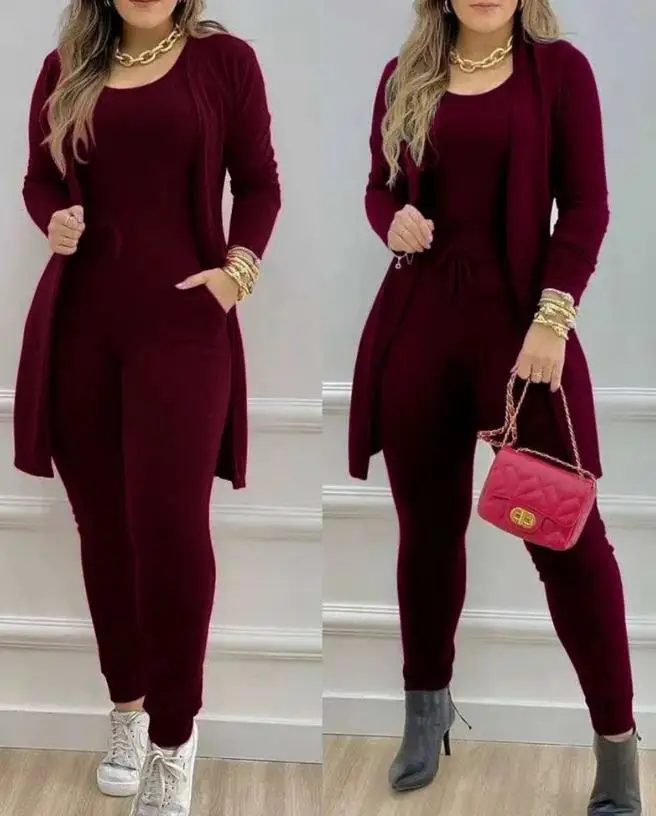 Top Trends: Sets For Women 2 Pieces 2023 Autumn Winter Women's Clothing Sleeveless Skinny Long Jumpsuit & Pocket Design Longline Coat Sets Shoppable Styles