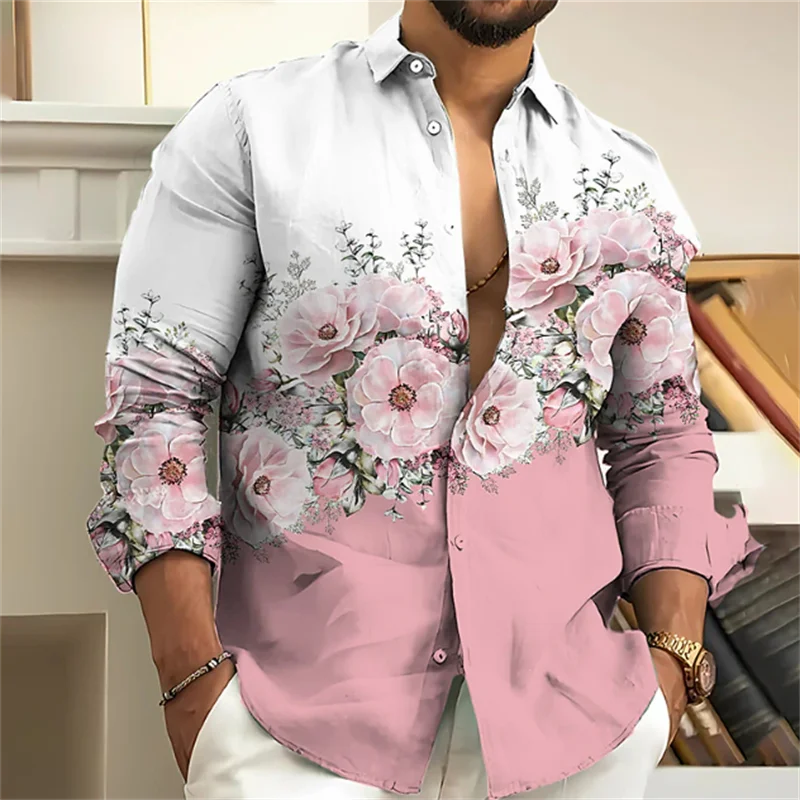 Top Trends: Fashion 2023 Men&#039;s Shirt Floral Pattern 3D Printing Pink Blue Purple Gray Outdoor Street Long Sleeve Clothing Designer Casual Shoppable Styles