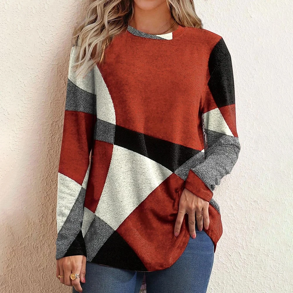 Top Trends: Women Winter Cotton T Shirt Geometric Contrast Long Full Sleeve Printed Loose Shirts Top Spring Autumn Elegant Lady Tops S-5XL Shoppable Styles