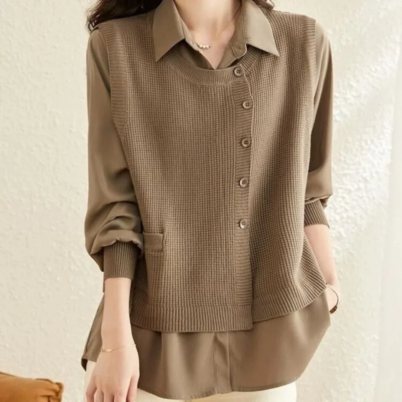 Top Trends: Spring And Autumn Women's Polo Neck Solid Button Spliced Sweater Knitted Long Sleeve Shirt Fashion Elegant Casual Commuter Tops Shoppable Styles