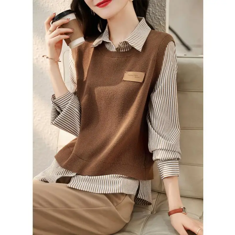 Top Trends: Fashion Button Spliced Striped Blouse Fake Two Pieces Women&#039;s Clothing 2023 Spring New Korean Pullovers Knitted Commute Shirt Shoppable Styles