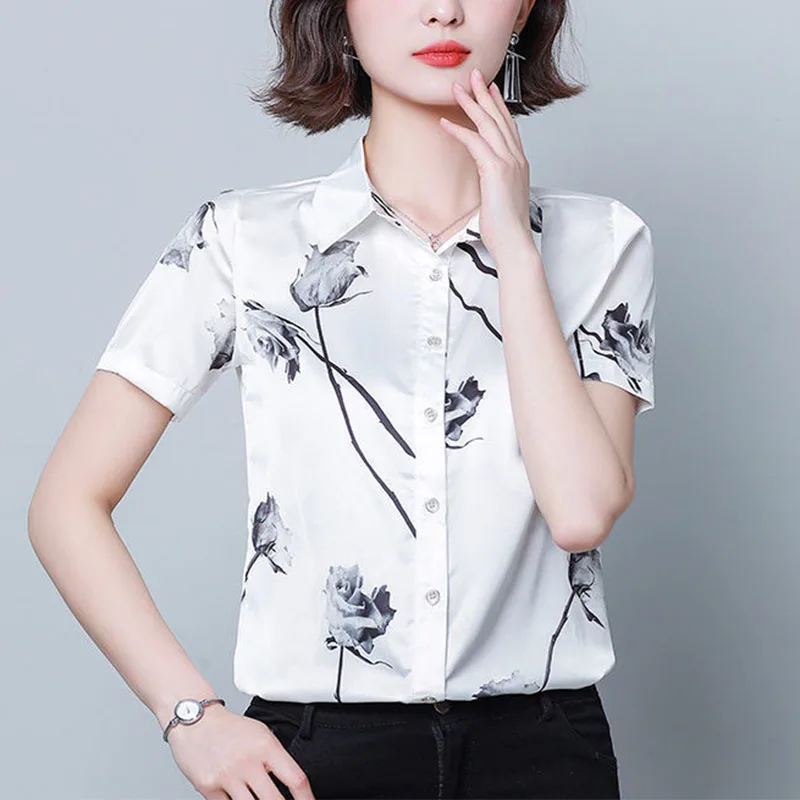 Top Trends: Elegant Luxury Silk Satin Women Blouses Summer White All-match Female Short Sleeve Fashion Loose Casual Print Cardigans Shirt Shoppable Styles